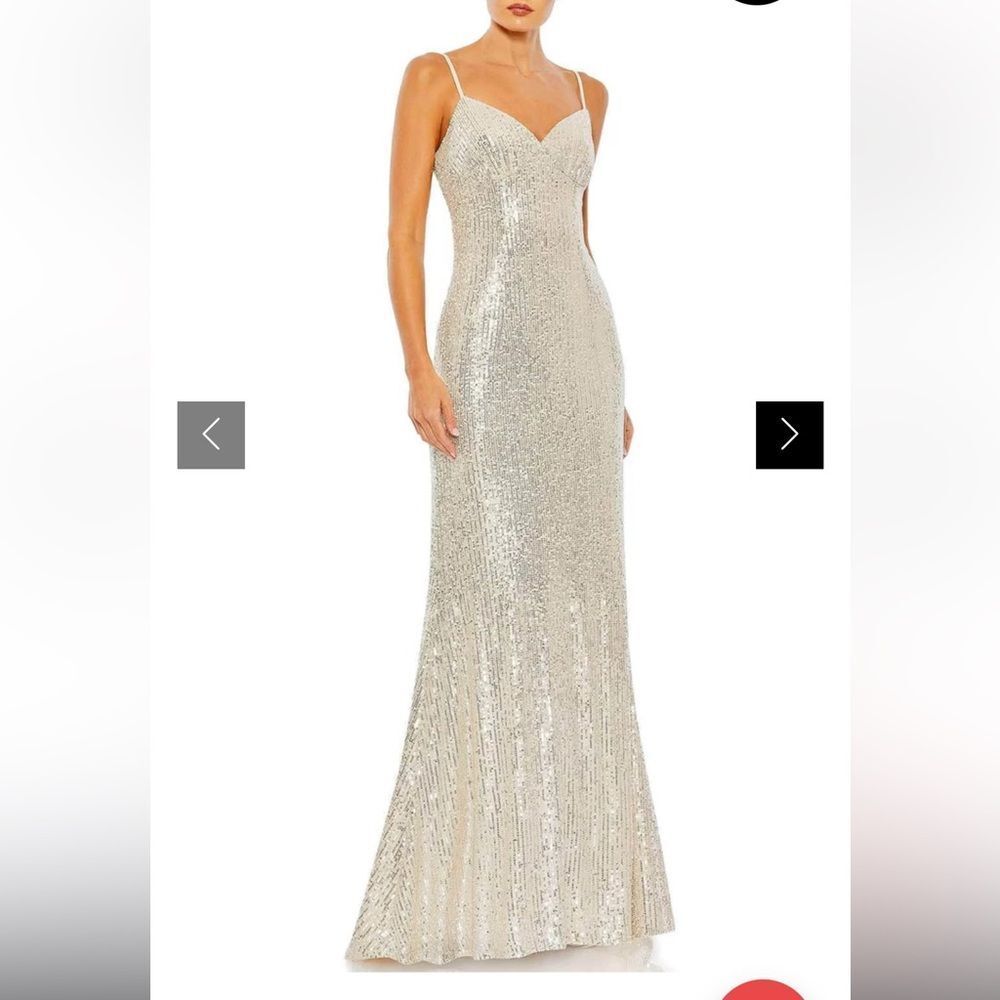 Leena for macduggal women’s 12 fully sequined maxi gown nude and silver v neck